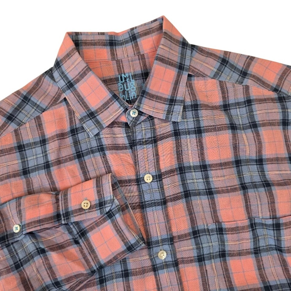J.McLaughlin Mens Small 100% Linen Button Down Shirt Pink Blue Plaid Long Sleeve